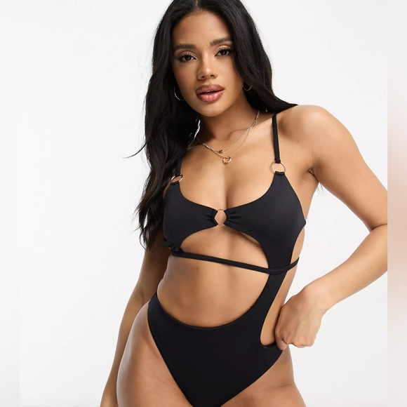 ASOS DESIGN BLACK ONE PIECE SWIMSUIT WOMEN SUPER CUT-AWAY STRAPPY SIZE 10 ** - Picture 3 of 13